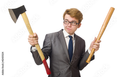 Young businessman with weapon isolated on white