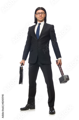 Handsome businessman holding hammer and case isolated on white