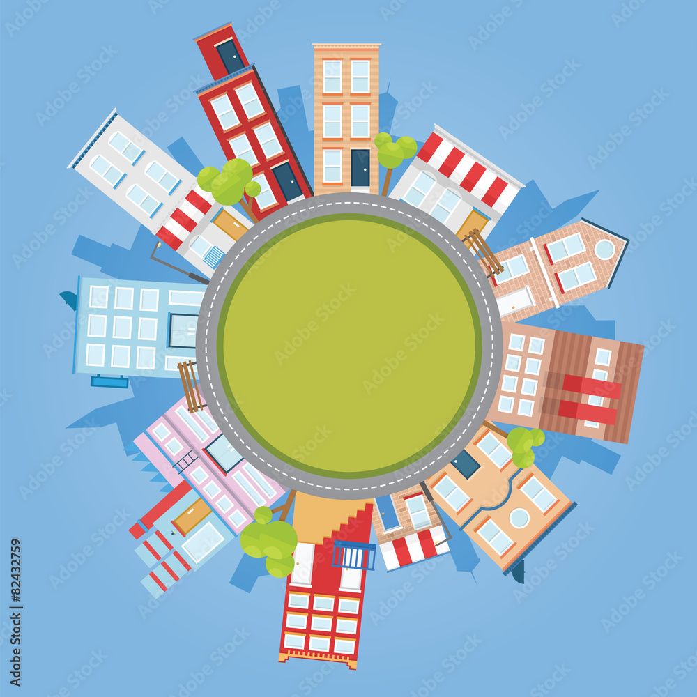 Downtown City around circle with building and road