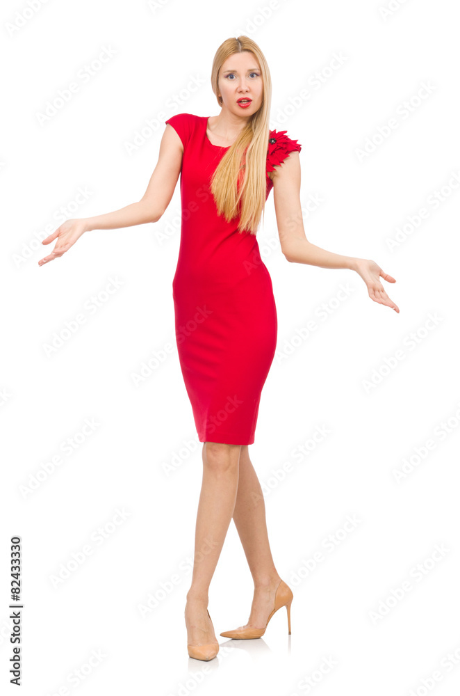Blond woman in scarlet dress isolated on white Blond woman in scarlet dress isolated on white