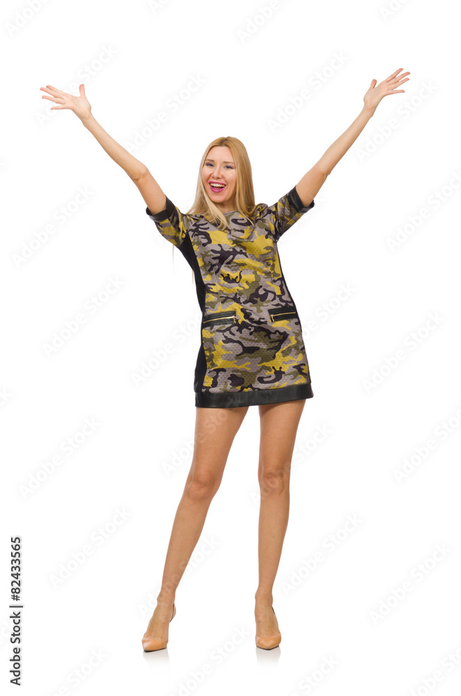 Woman in military style dress isolated on white Woman in military style dress isolated on white