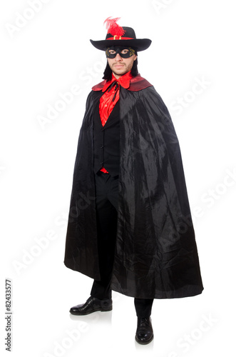 Young man in carnival coat isolated on white