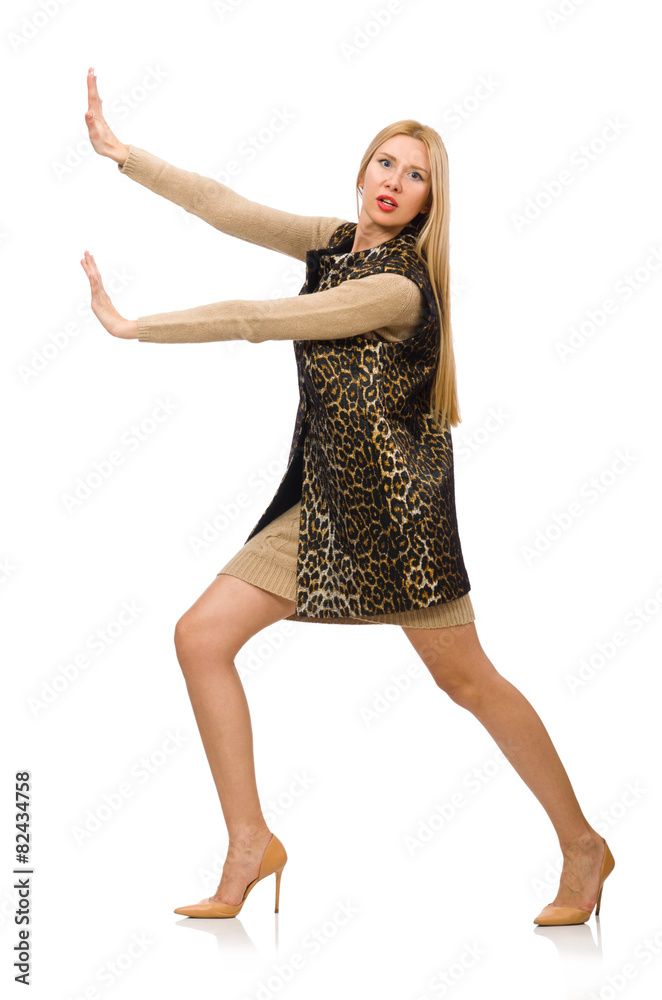Pretty young woman in leopard vest isolated on white Pretty young woman in leopard vest isolated on white