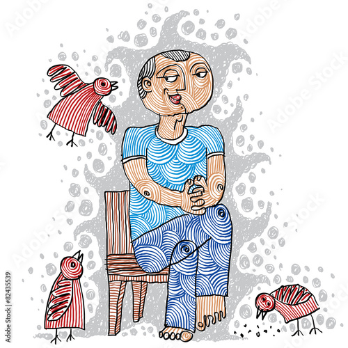 Illustration of a kind person sitting on a chair and feeding bir