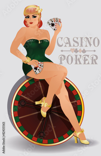 Casino poker sensual pin up girl, vector illustration