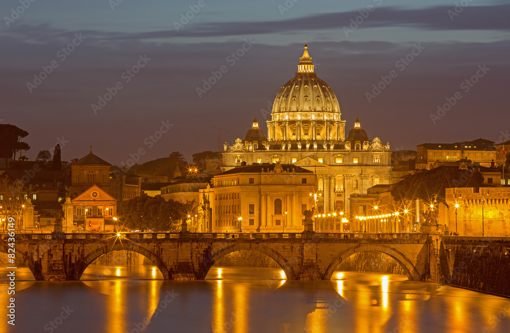Rome - Angels bridge and St. Peters basilica in evening dusk