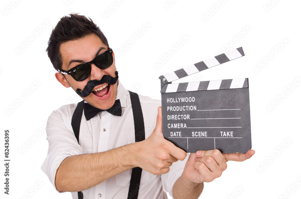 Funny with movie clapper isolated on white Funny with movie clapper isolated on white