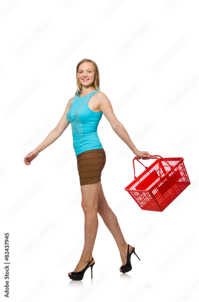 Woman with supermarkey basket isolated on white