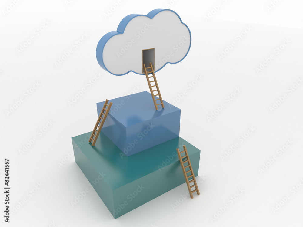 Cloud and Cubes with Ladders, Cloud Computing 3D Concept