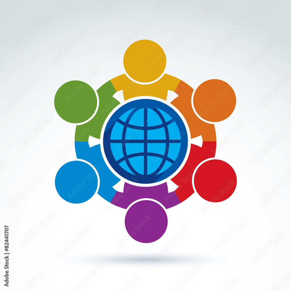 Vector illustration of people standing around a globe sign Vector illustration of people standing around a globe sign
