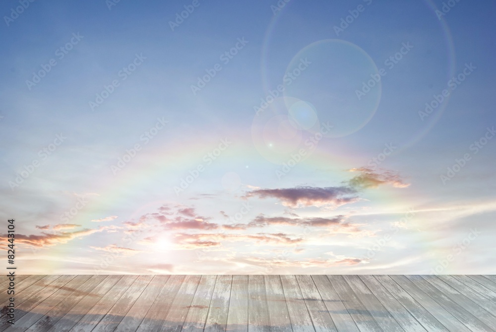 old wooden texture and rainbow with lens flare in blue sky - obrazy, fototapety, plakaty 