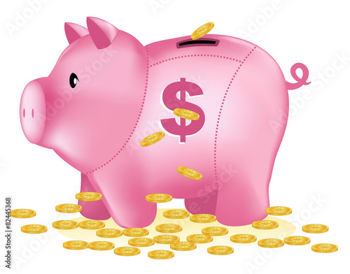 Piggy bank and golden coins