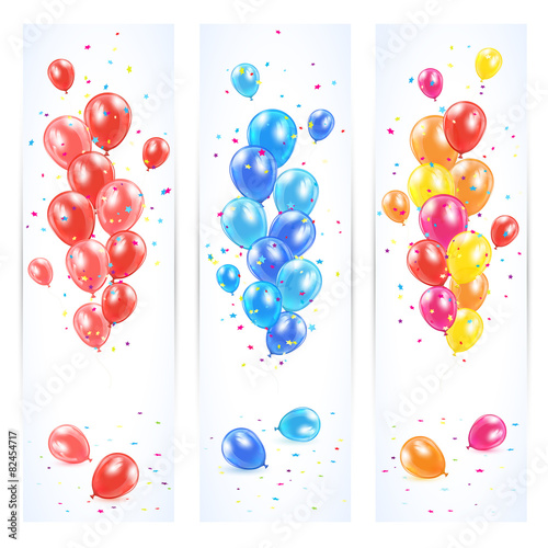 Three banners with colorful balloons