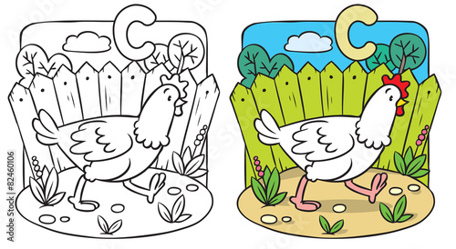 Funny  chicken coloring book. Alphabet C
