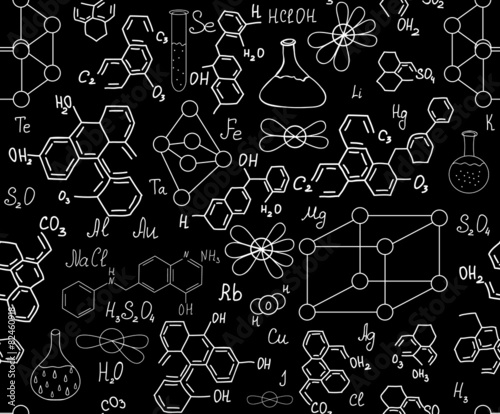 Chemistry vector seamless with formulas, plots and lab equipment