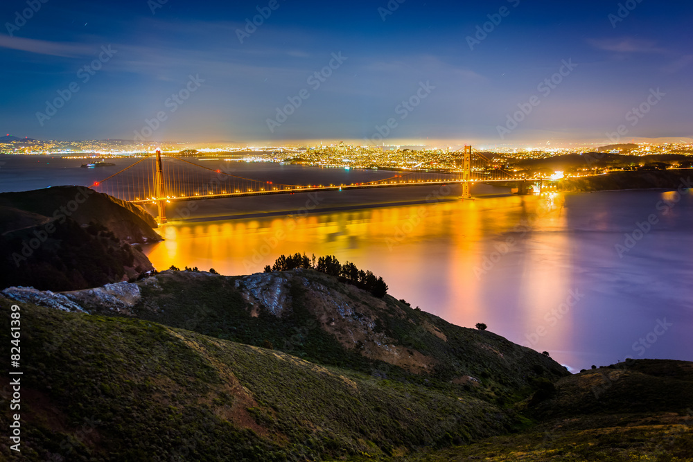View of the Golden Gate Bridge at night, from Hawk Hill,  Golden