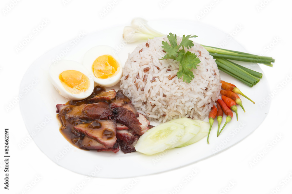 rice with roasted red pork and egg on white background
