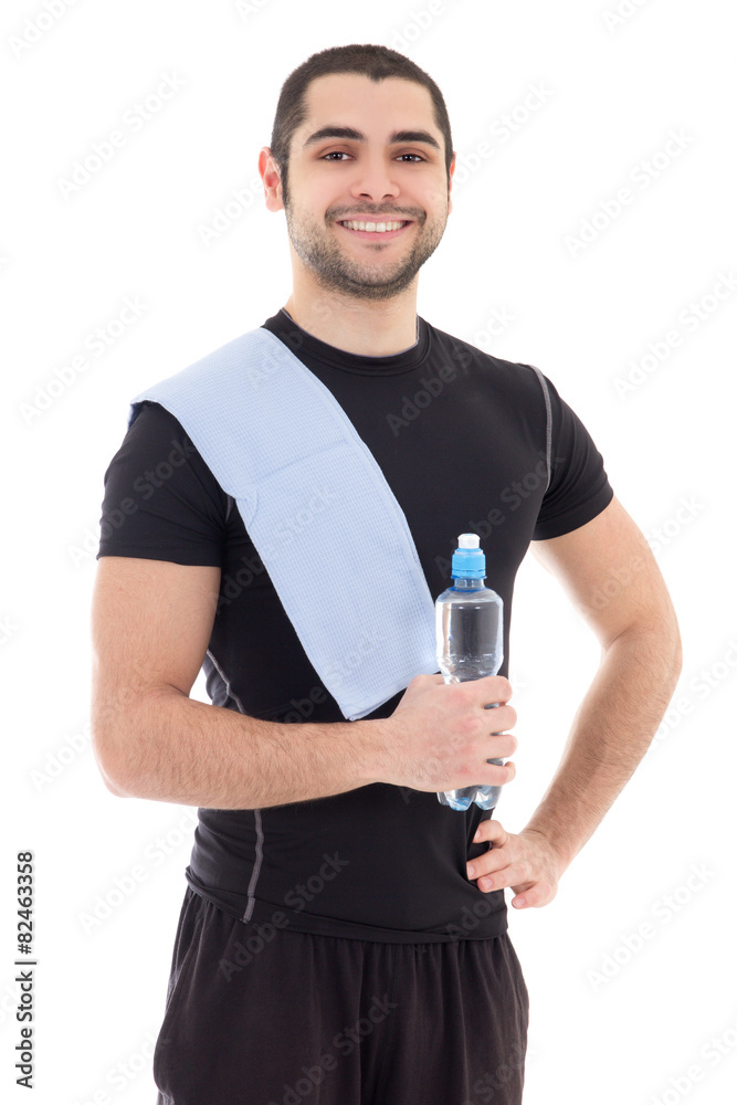 handsome arabic man in sportswear with bottle of water isolated handsome arabic man in sportswear with bottle of water isolated