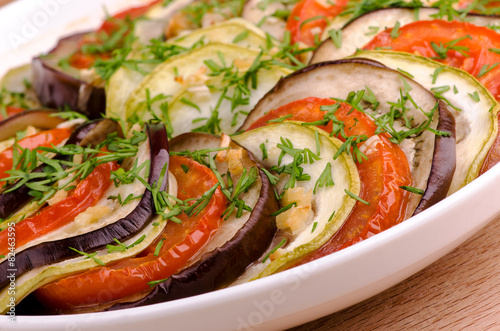 ratatouille, roasted vegetables, arranged in layers, macro