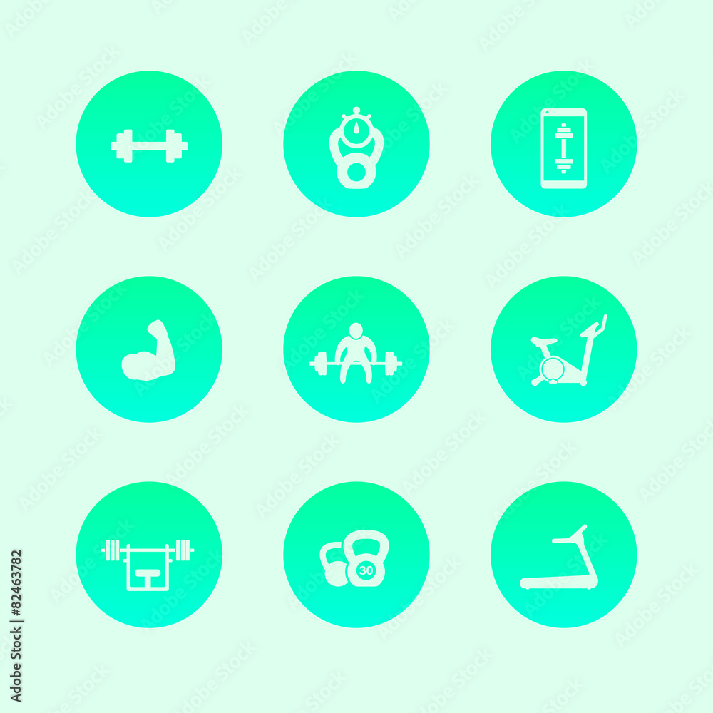 Gym, fitness, workout, training, biceps trendy round icons