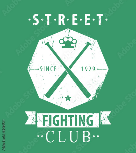 Street Fighting Club grunge emblem with crossed bats, knuckles