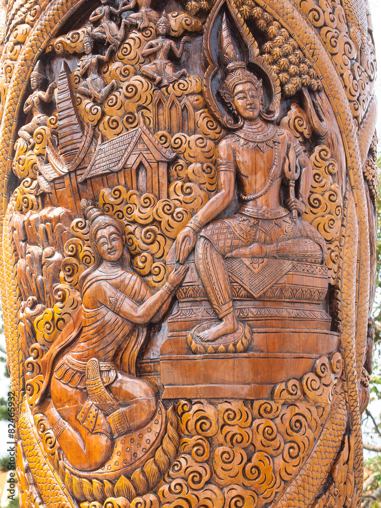 legend of Buddha in wood carving work