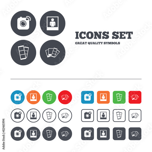 Photo camera icon. Flash light and selfie frame.