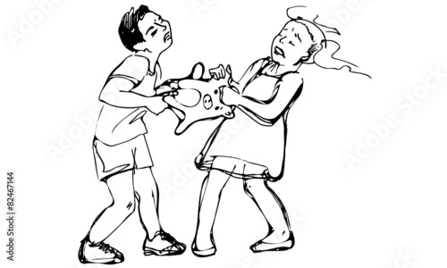 vector sketch of boy and girl children are fighting over a toy