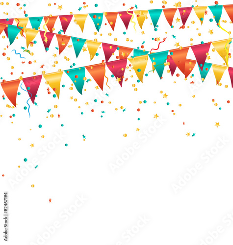 Multicolored bright buntings garlands with confetti isolated on