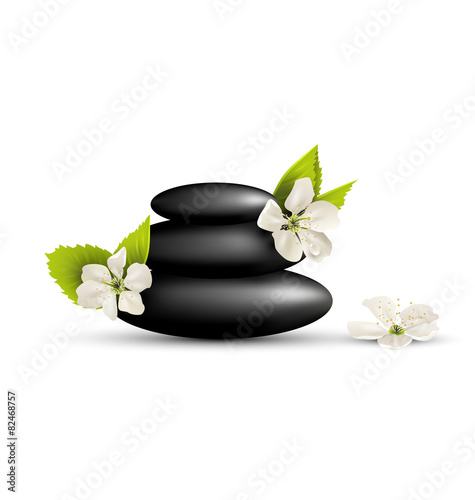 Canvas Print Stack of spa stones with cherry white flowers isolated on white