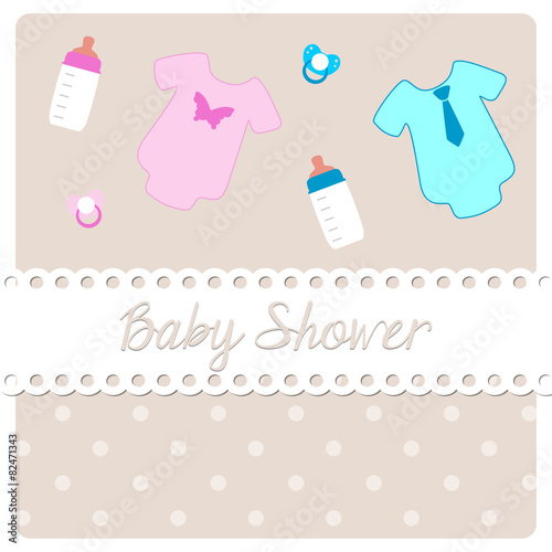 baby shower card, objects and clothing for a little boy or girl