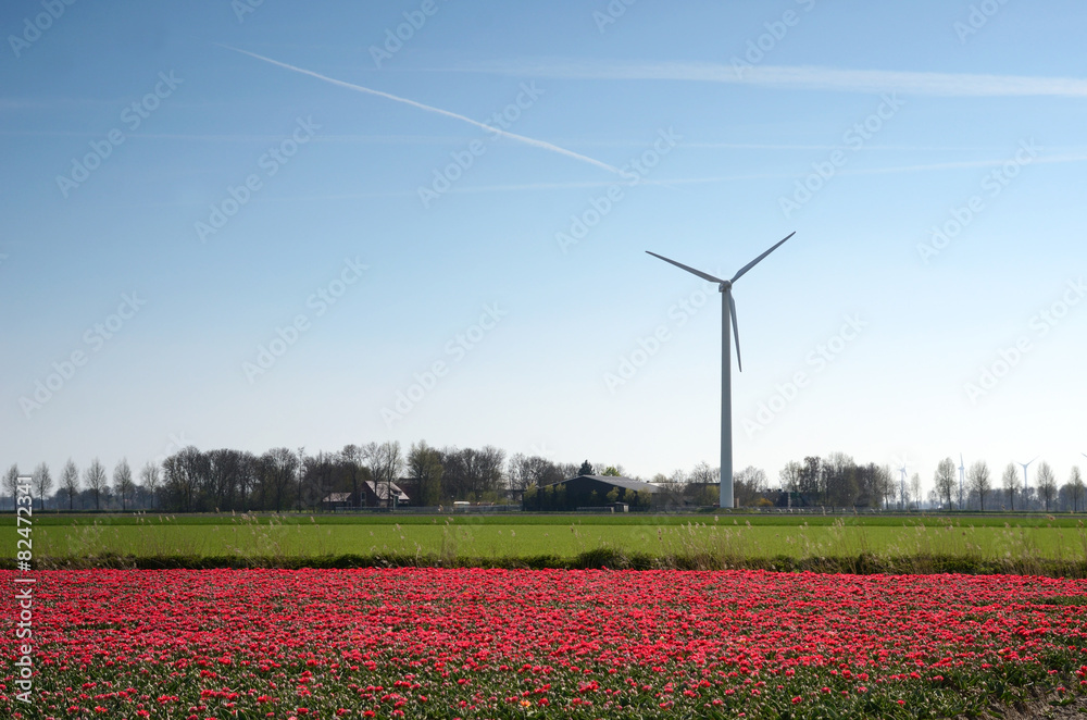 Fantastic landscape with windmills and tulip field in pastel col