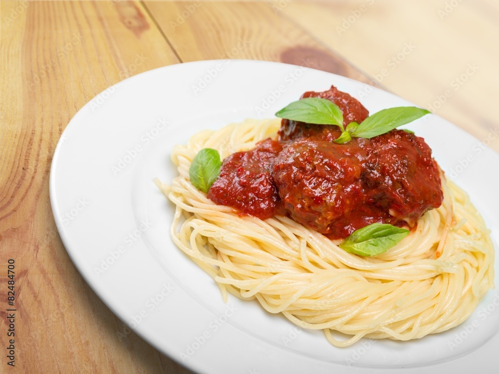 Spaghetti. Seving of spaghetti with meatballs Spaghetti. Seving of spaghetti with meatballs