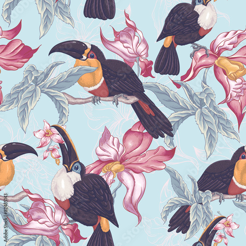 Tropical Seamless Background with Exotic Flowers and Toucan,