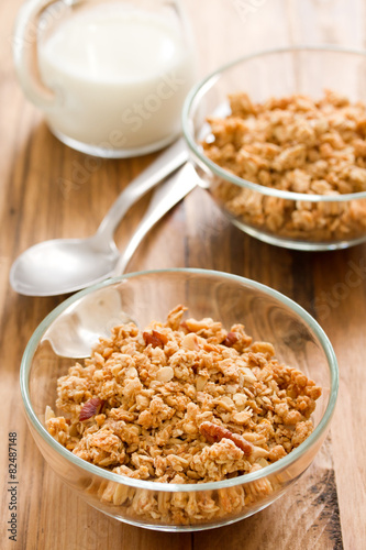granola in bowl and milk