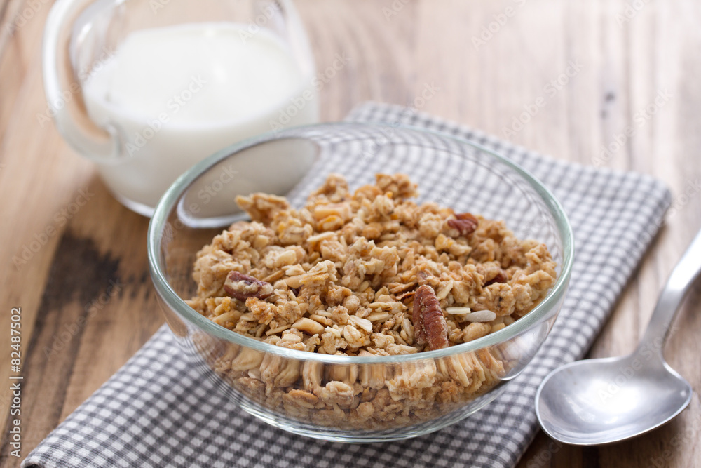 granola in bowl and milk granola in bowl and milk