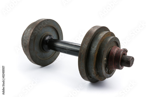 Fitness exercise equipment dumbbell weights on white background.