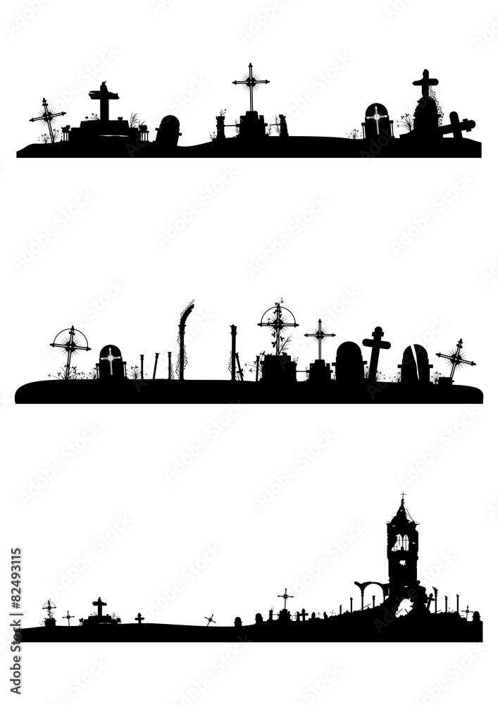 Silhouette of the old abandoned graveyard. Vector.
