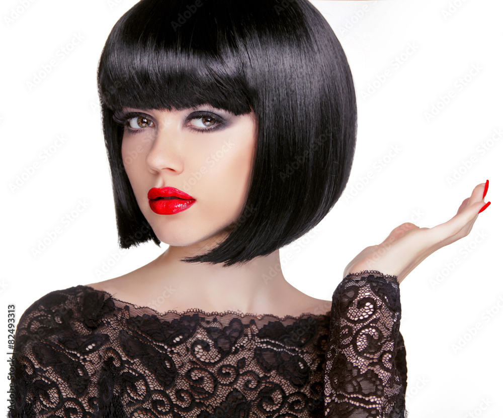 Bob hairstyle. Brunette fashion model with black short hair and Stock Photo  | Adobe Stock