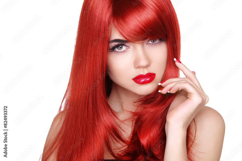 Fototapeta premium Long red hair. Fashion beautiful girl with makeup, glossy wavy h