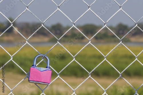 pink padlock on metal fench, valentine background