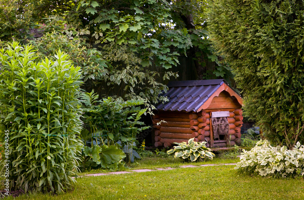 beautiful summer garden with dog house 