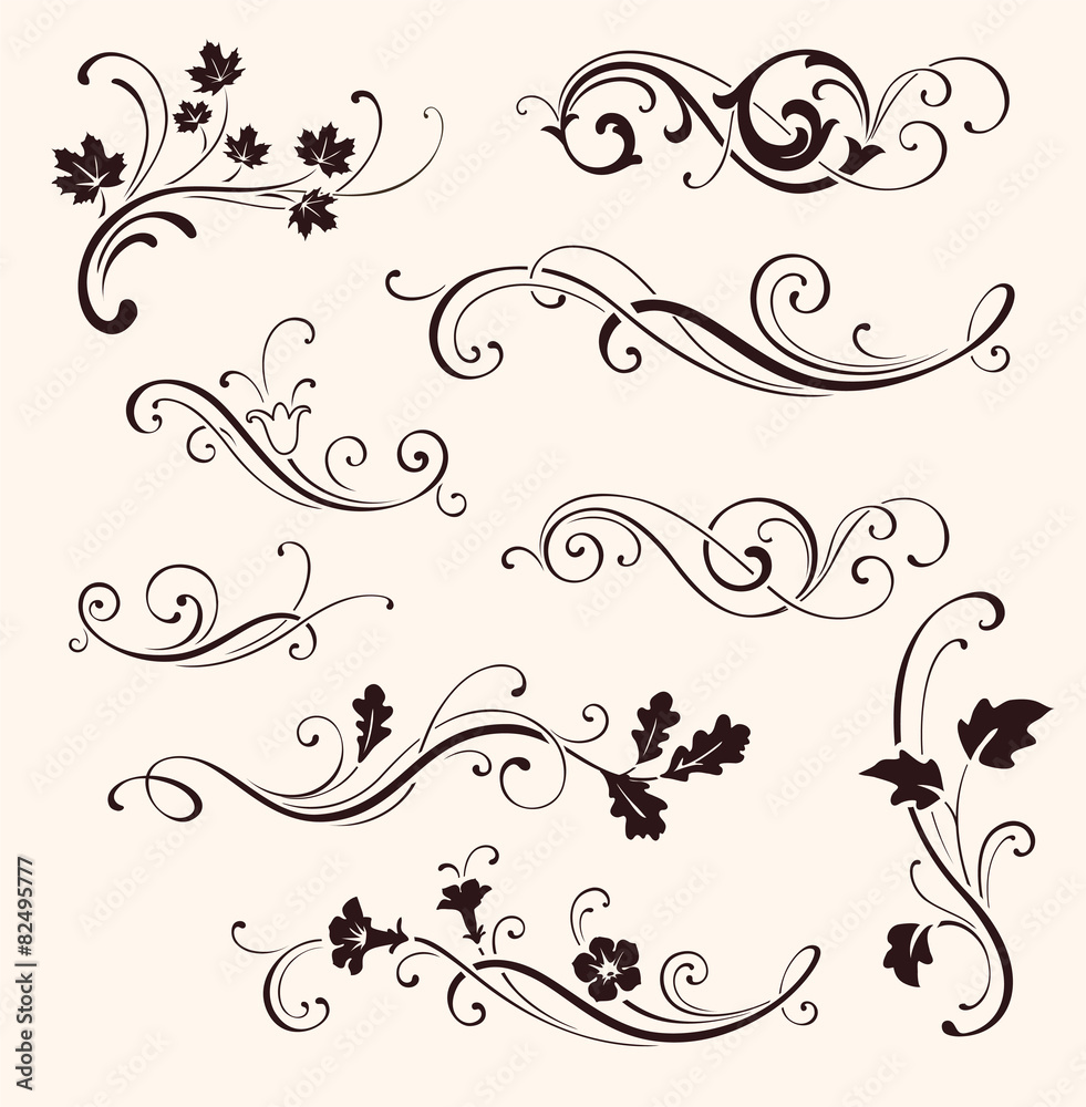 Set of calligraphic floral elements - obrazy, fototapety, plakaty 