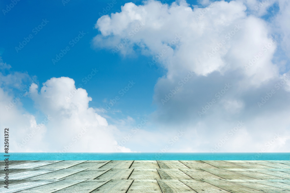 Fototapeta premium Wooden floor with sea background.