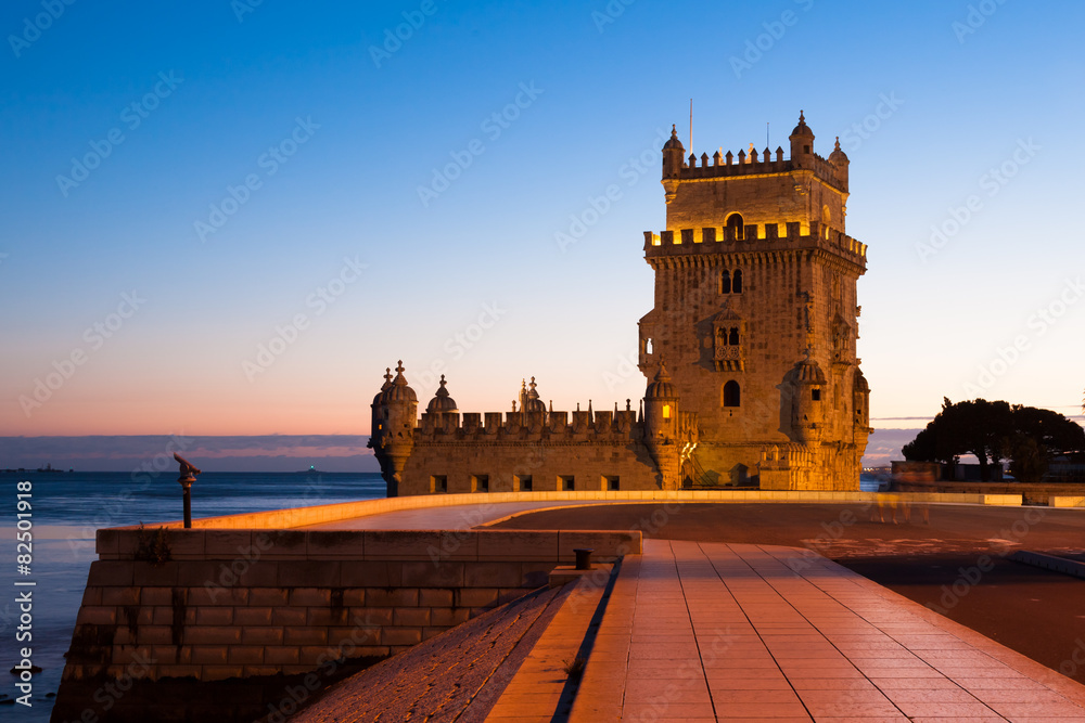 Belem tower - Torre de Belem at night in Lisbon, Portugal