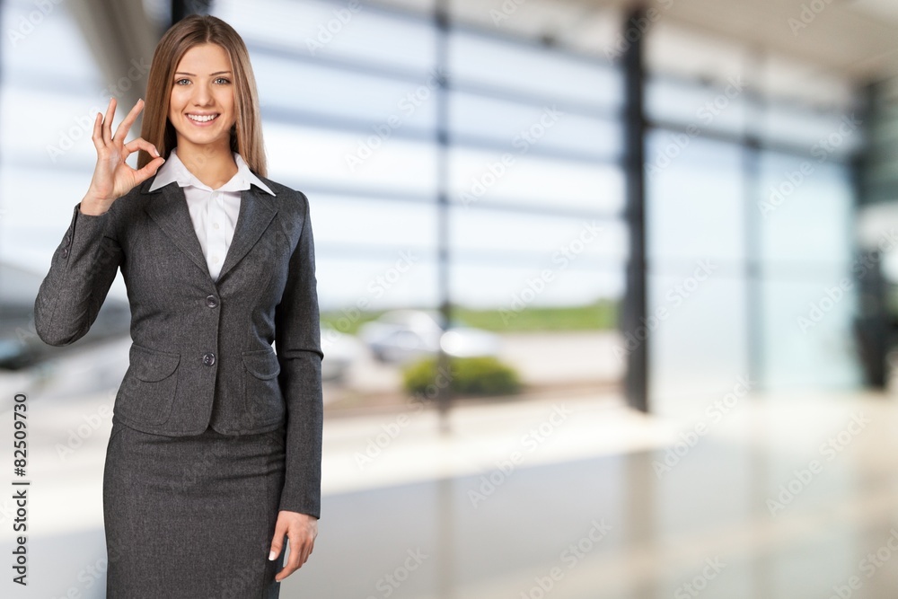 Alright. Businesswoman with big 3d chart showing ok gesture Alright. Businesswoman with big 3d chart showing ok gesture