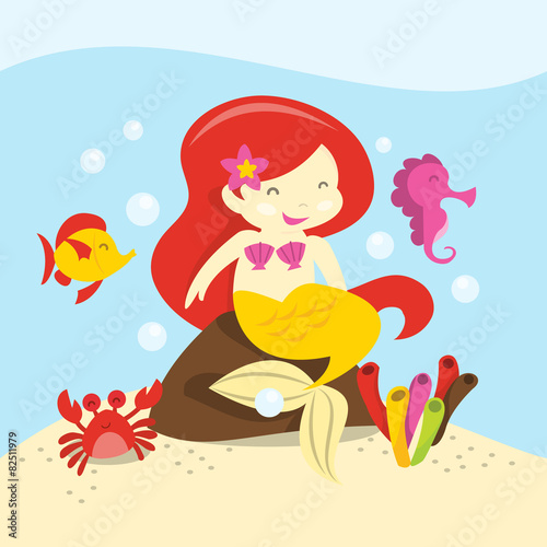 Cartoon Happy Mermaid On The Rock