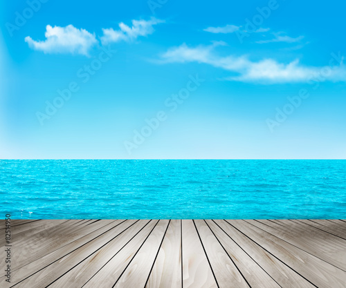 Nature background with a wooden deck, the sea and the sky. Vecto