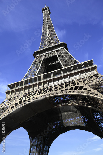 Photography Eiffel Tower paris france low view looking up upwards blue sky background photo