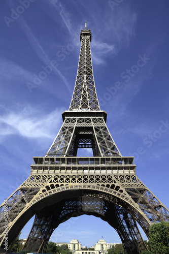Eiffel Tower paris france low view looking up upwards blue sky background trocadero in the distance photo vertical